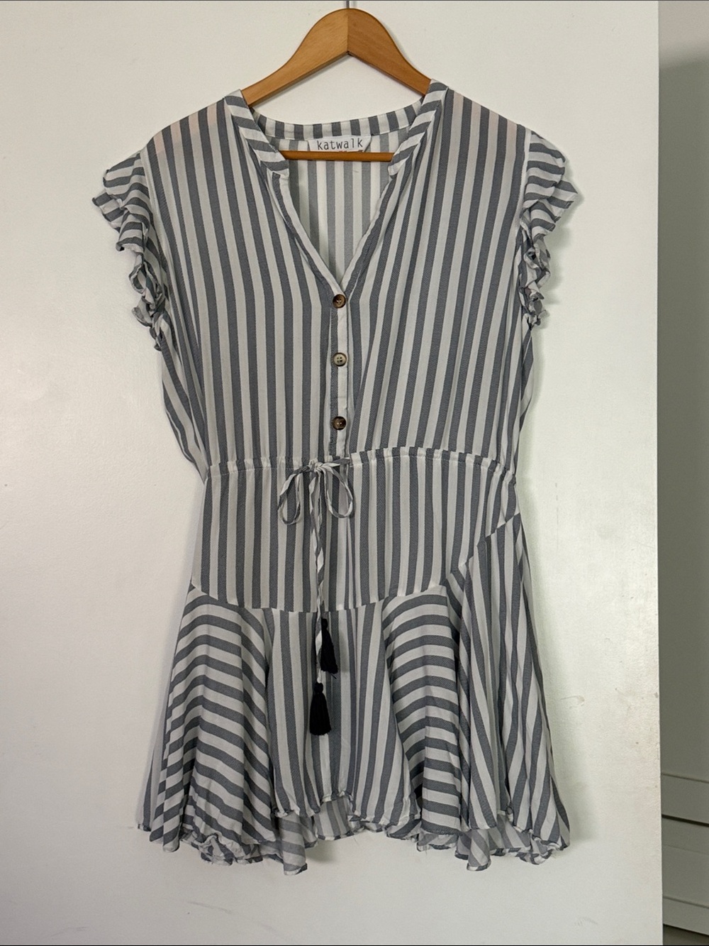 Striped Tie-Waist Mini Dress in Gray and White